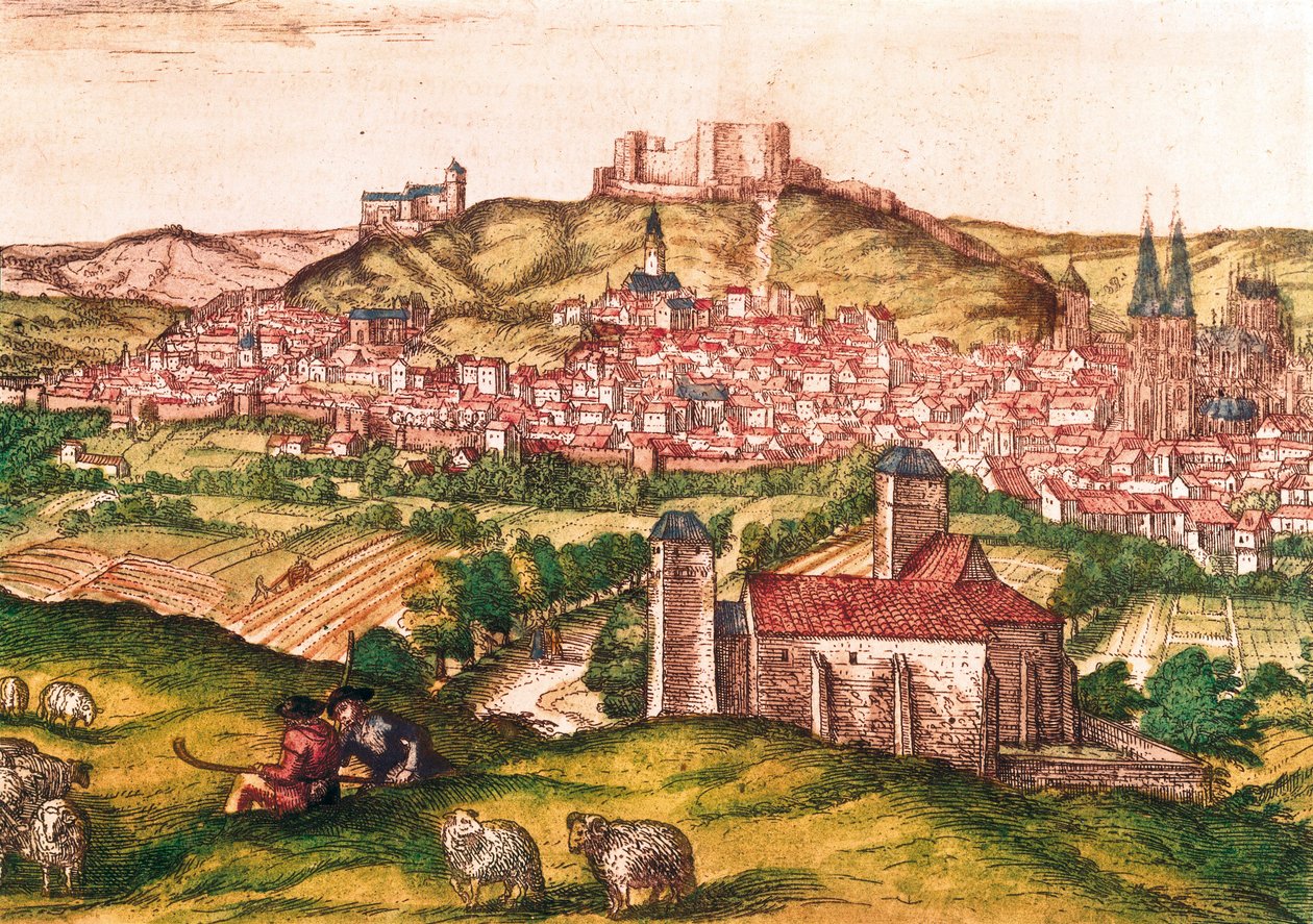 Město Burgos ve Španělsku s pastýři a stádem ovcí v popředí (1576). Gravírování v Civitatis Orbis Terrarum, od Georg Braun and Hogenberg Franz
