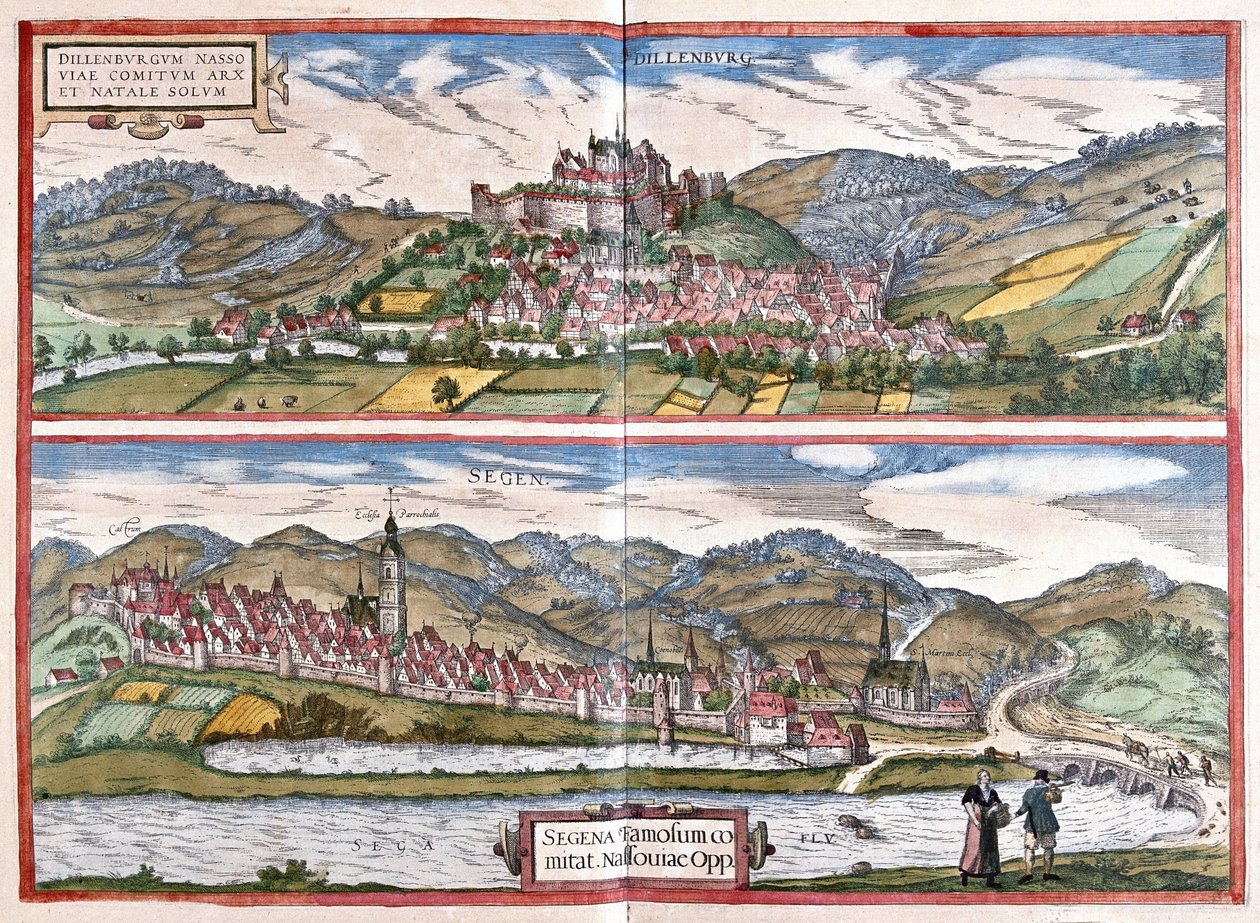 Dillenburg (Hesensko) a Siegen (Severní Rhenania Westphalia), Německo (rytina od Georg Braun and Hogenberg Franz