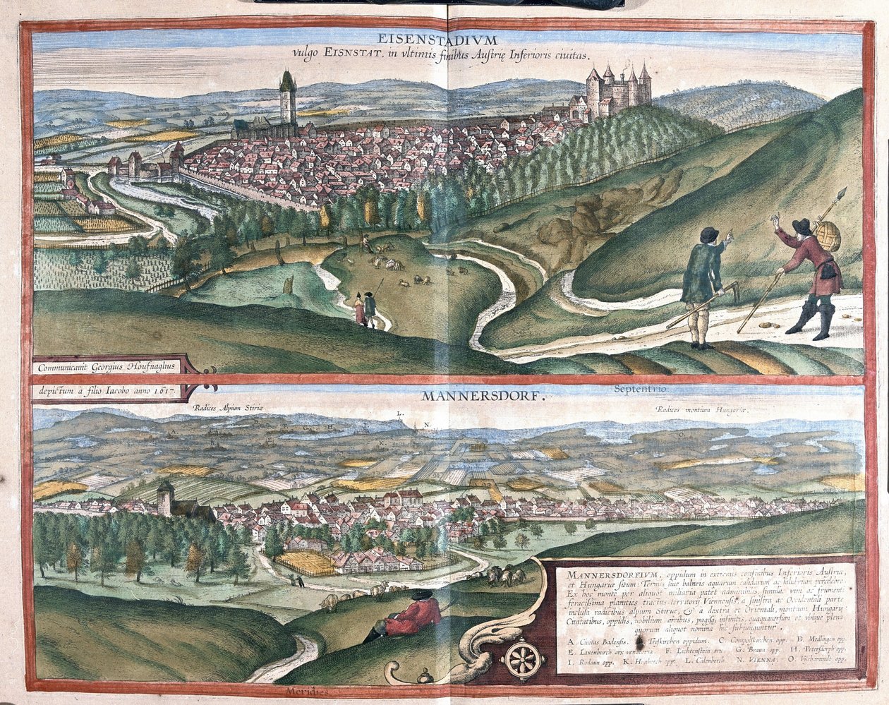 Eisenstadt a Mannersdorf am Leithagebirge, Rakousko (rytina od Georg Braun and Hogenberg Franz