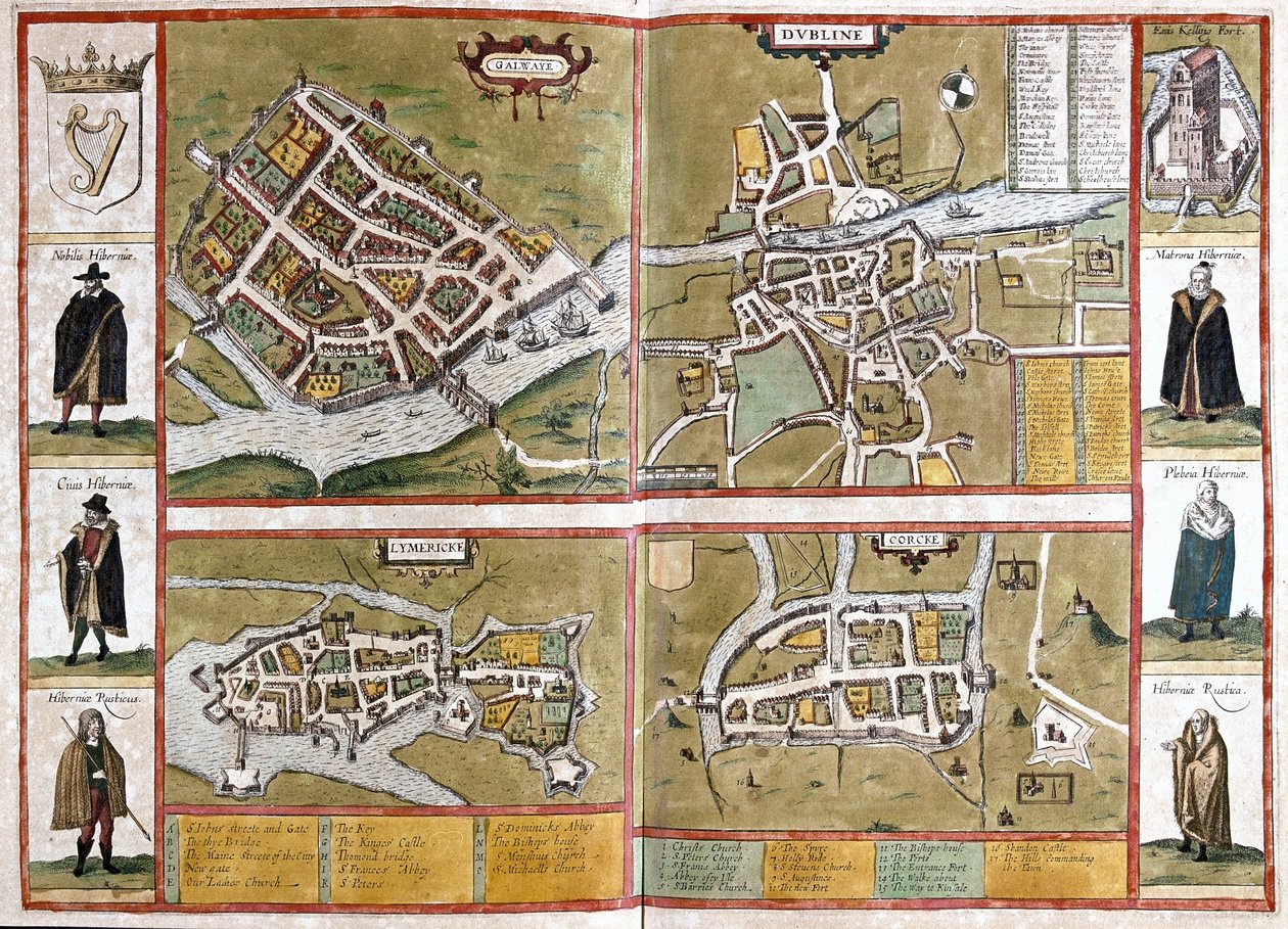 Galway, Dublin, Limerick a Cork, Irsko (rytina od Georg Braun and Hogenberg Franz