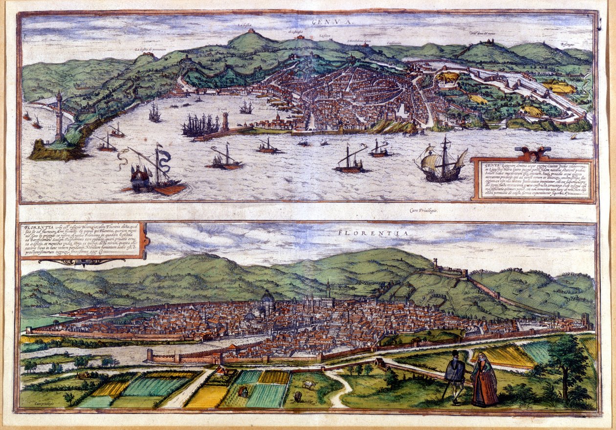 Genes (nahoře) a Florencie (dole) Ptačí pohled na Atlas Braun & Hogenberg. 1550. od Georg Braun and Hogenberg Franz