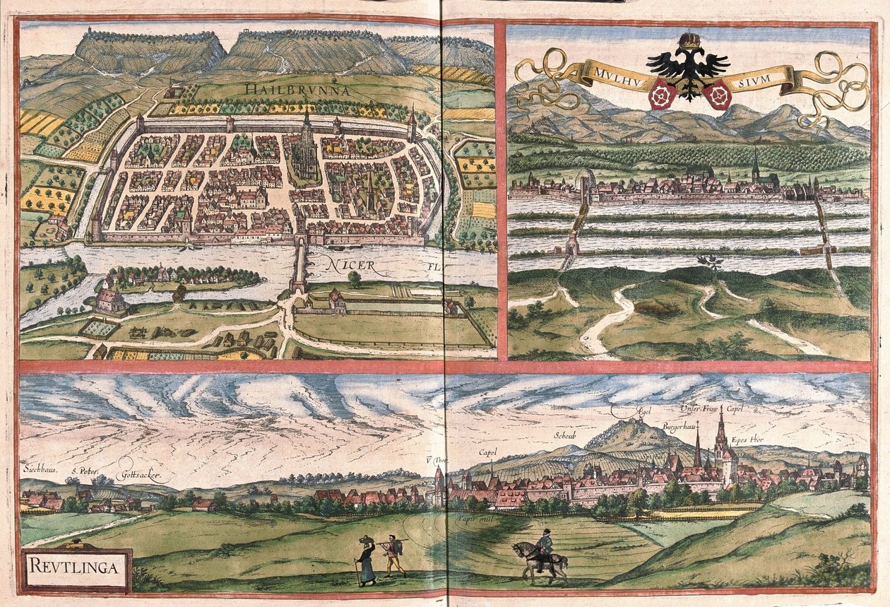 Heilbronn (Německo), Mulhouse (Francie) a Reutlingen (Německo) (rytina od Georg Braun and Hogenberg Franz