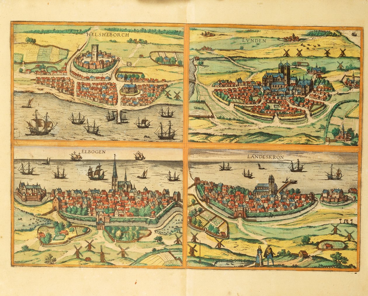 Helsingborg, Lund, Malmo, Elbogen a Landskrona, z Kolína nad Rýnem od Georg Braun and Hogenberg Franz