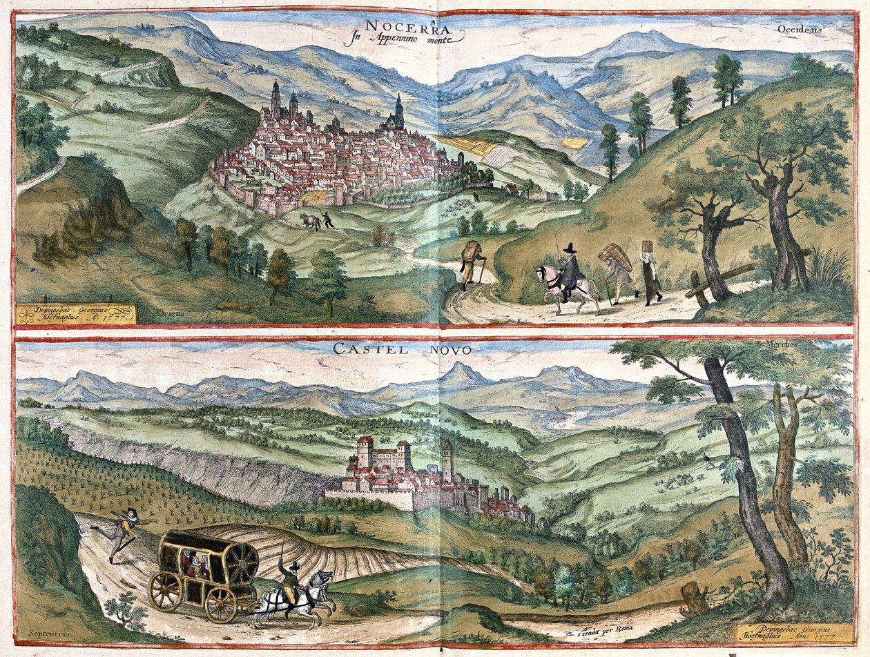 Nocera Umbra (provincie Perugia) a Castelnuovo di Porto (region Řím), Itálie od Georg Braun and Hogenberg Franz