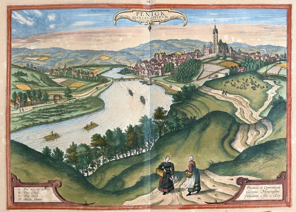 Penig, Sasko, Německo (rytina od Georg Braun and Hogenberg Franz