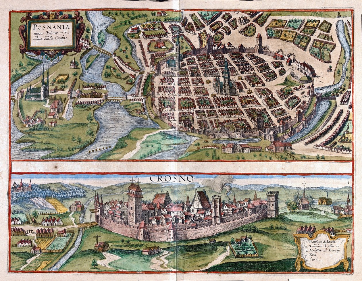 Poznaň a Krosno, Polsko (rytina od Georg Braun and Hogenberg Franz