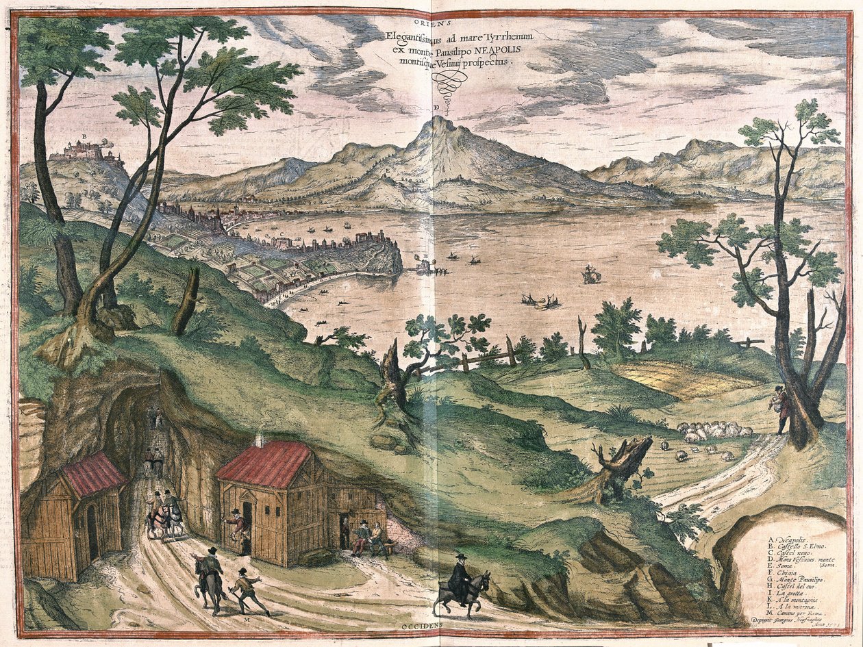 Neapolský záliv a Vesuv, Itálie, v roce 1579 (rytina od Georg Braun and Hogenberg Franz