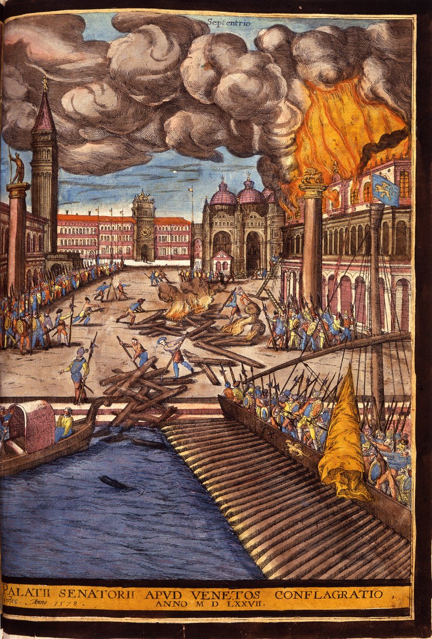 Velký požár vévodského paláce na náměstí sv. Marka v Benátkách v roce 1577. Rytina George Brauna V „“Civitatis Orbis Terrarum““ I. díl napsal Franz Hogenberg (1535-1590) od Georg Braun and Hogenberg Franz