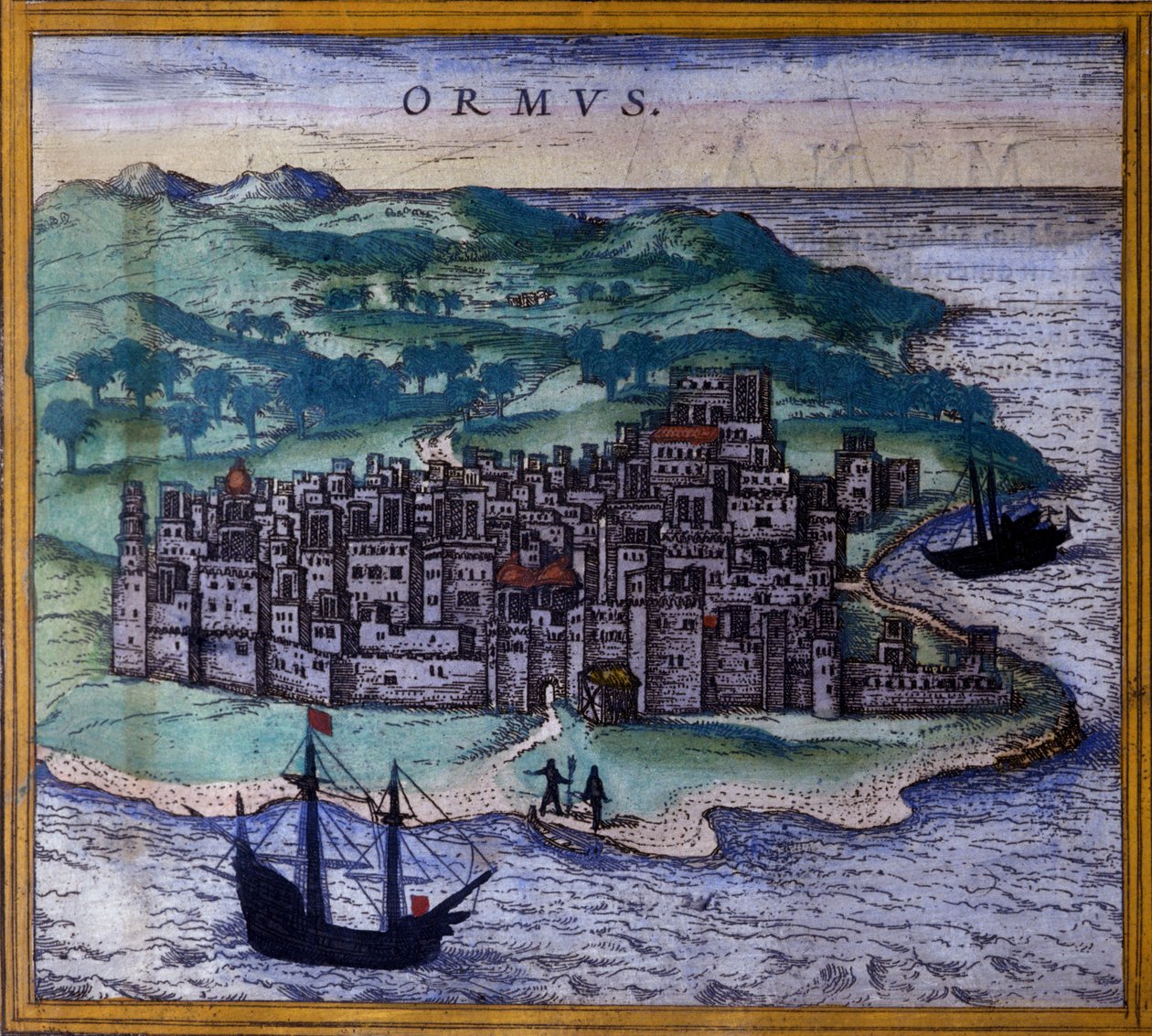 Íránský ostrov Ormuz nebo Hormuz na cestě do Indes po Atlasu „Civitates Orbis Terrarum“ Braun a Hogenberg od Georg Braun and Hogenberg Franz