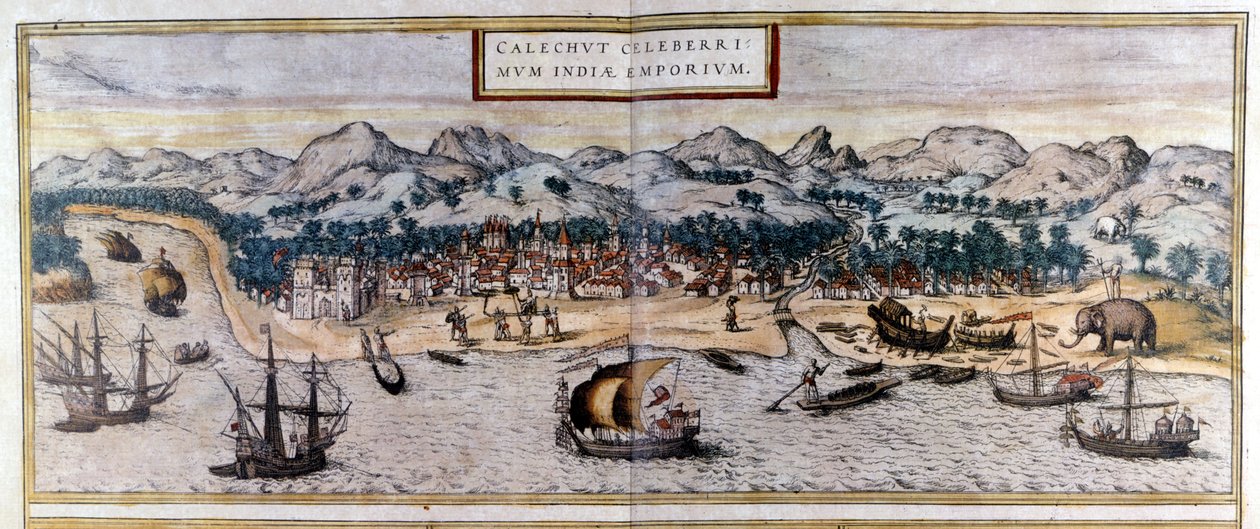 Pohled na Kozhikode nebo Calicut v Indii z atlasu "Civitates Orbis Terrarum" od Braun & Hogenberg od Georg Braun and Hogenberg Franz