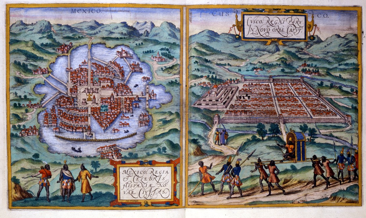Pohled na Mexico City (Mexiko) a Cuzco (Peru). Atlas Braun & Hogenberg od Georg Braun and Hogenberg Franz
