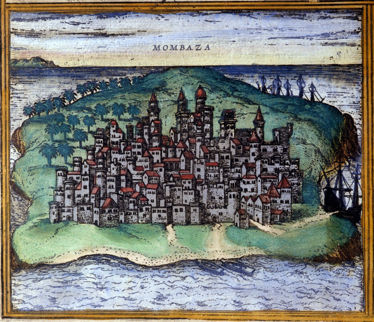 Pohled na Mombasu nebo Mombassu v Keni v 16. století, kdy město obsadili Portugalci podle atlasu "Civitates Orbis Terrarum" od Brauna a Hogenberga. od Georg Braun and Hogenberg Franz