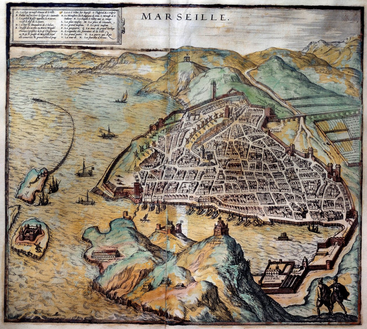 Pohled na město Marseille s mapou ulic. Rytina z Atlasu de Braun a Hogenberg 1572 Marseille, Musee de la Marine od Georg Braun and Hogenberg Franz