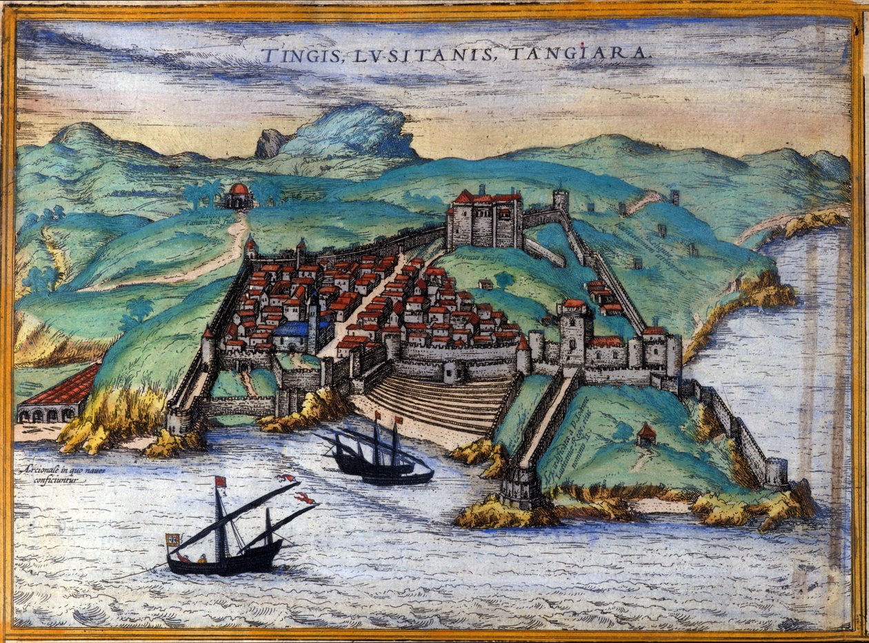 Pohled na opevněné město Tanger a pobřeží, Maroko. Poblíž pobřeží kotví tři lodě. V „Ciuitates orbis terrarum Liber primus“, Georgius Braun a Franz Hohenberg, Kolín nad Rýnem 1582. od Georg Braun and Hogenberg Franz