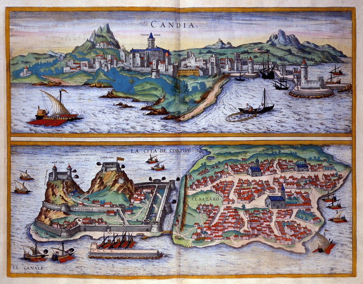 Pohled na přístav Candie (dnešní Heraklion) na Krétě a přístav Korfu v Řecku Rytina George Brauna V „“Civitatis Orbis Terrarum“““ I. díl napsal Franz Hogenberg (1535-1590) od Georg Braun and Hogenberg Franz