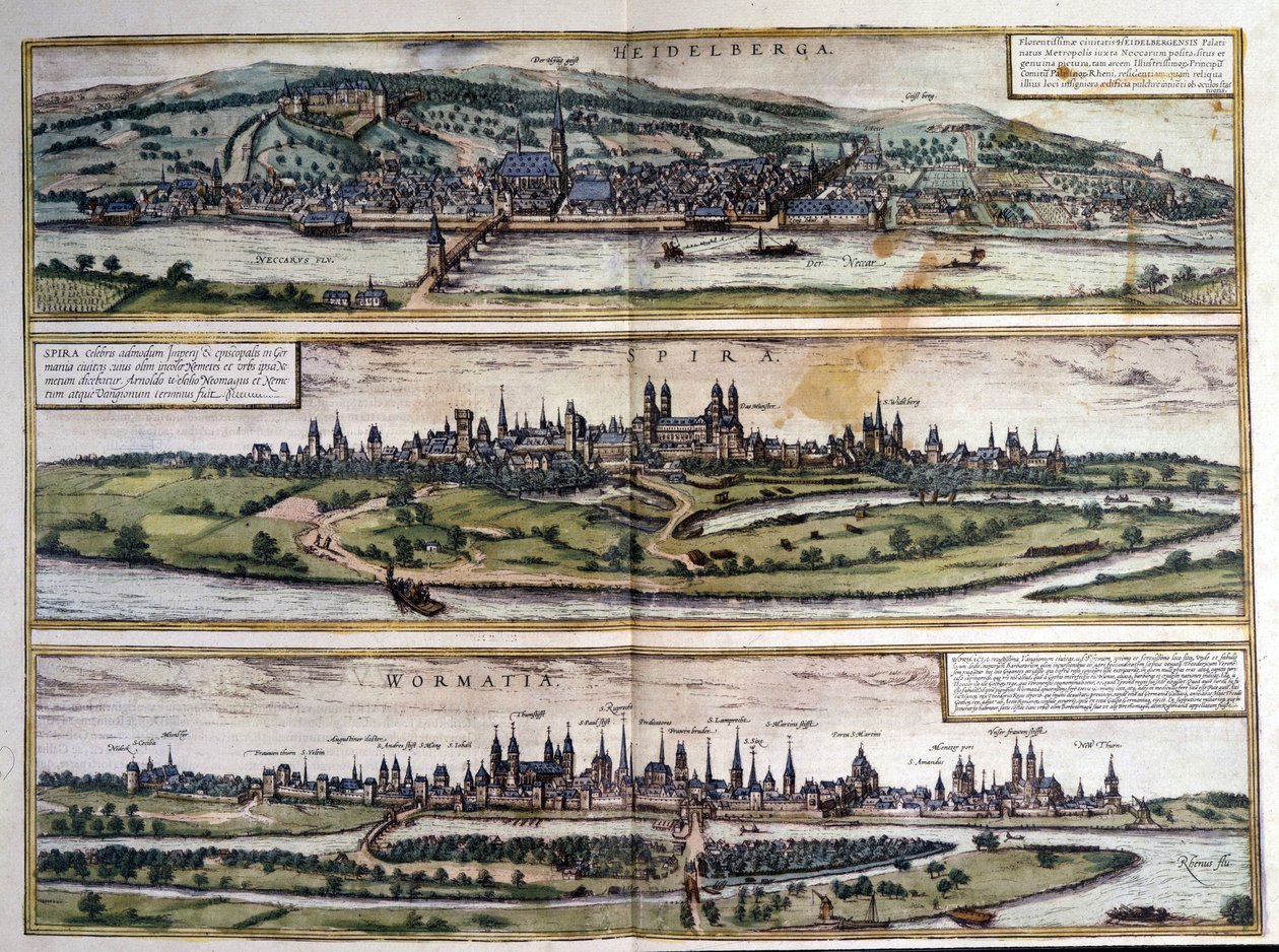 Pohledy na tři města v Německu: Heidelberg, Spire, Worms. Atlas Braun a Hogenberg. 1550. od Georg Braun and Hogenberg Franz