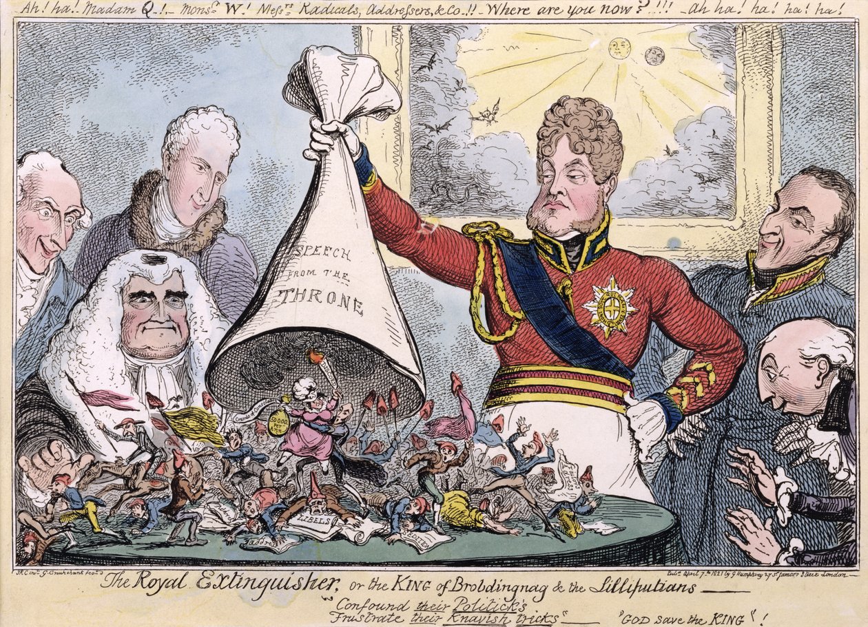 Královský hasicí přístroj aneb král Brobdingnagu a liliputánů, 1821 od Isaac, Robert and George Cruikshank