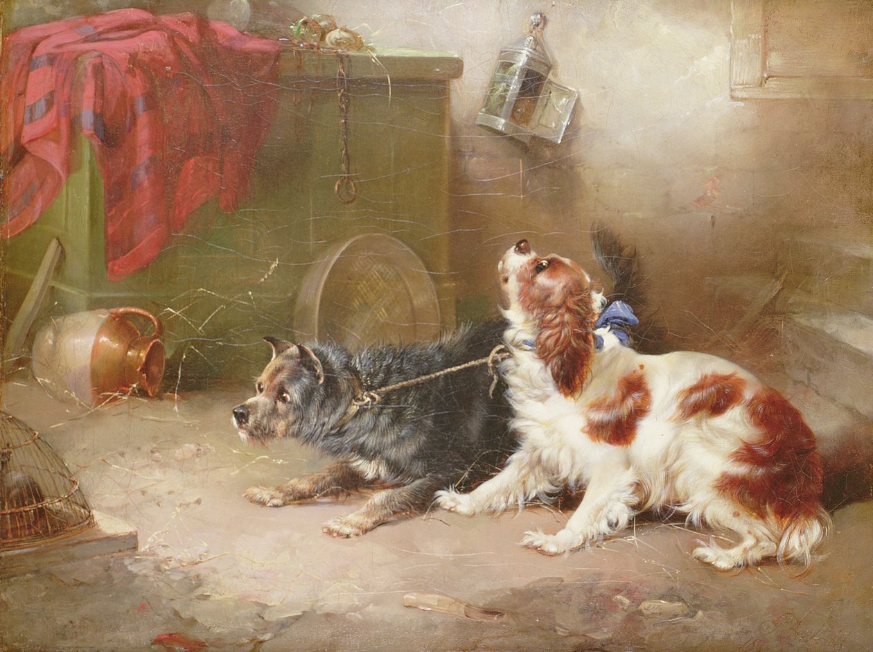Teriér a King Charles španěl strašící krysu od George Armfield