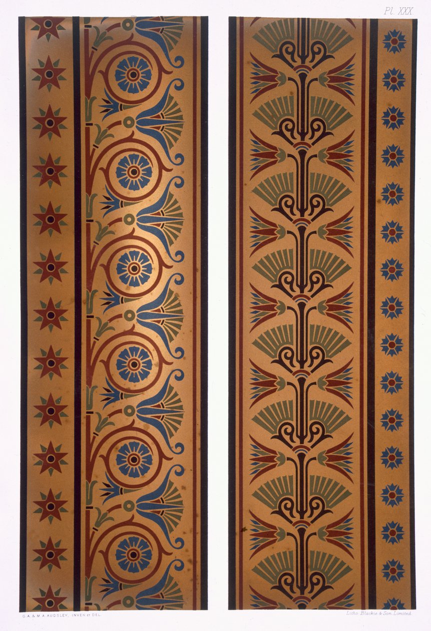 Svislé pásy nebo okraje v tmavých barvách na zlatém podkladu, deska XXX z „The Practical Decorator and Ornamentalist“, vydané 1892 od George Ashdown Audsley