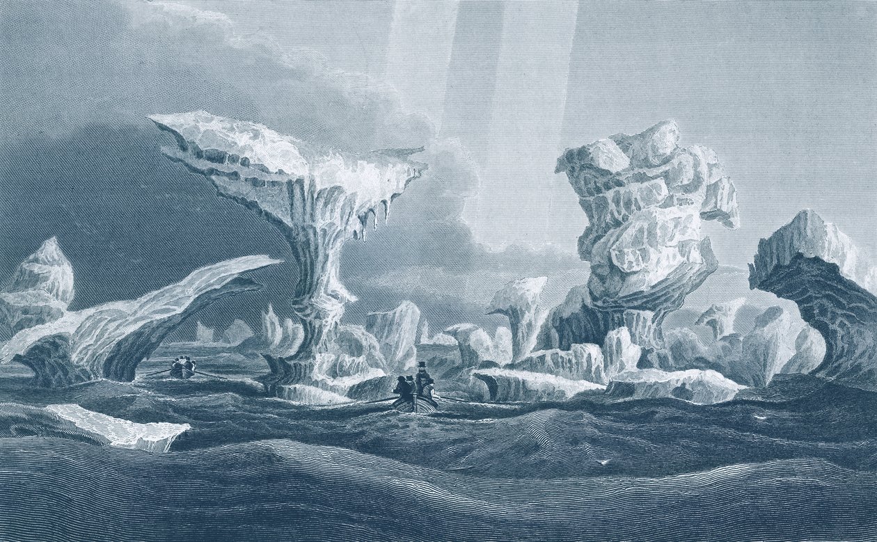 Boats in a Swell Amongst Ice, 24. srpna 1826, z „Vyprávění o druhé expedici na pobřeží Polárního moře v letech 1825-27“ od Sira Johna Franklina (1786-1847), vyryto Edwardem Findenem (1 od George Back