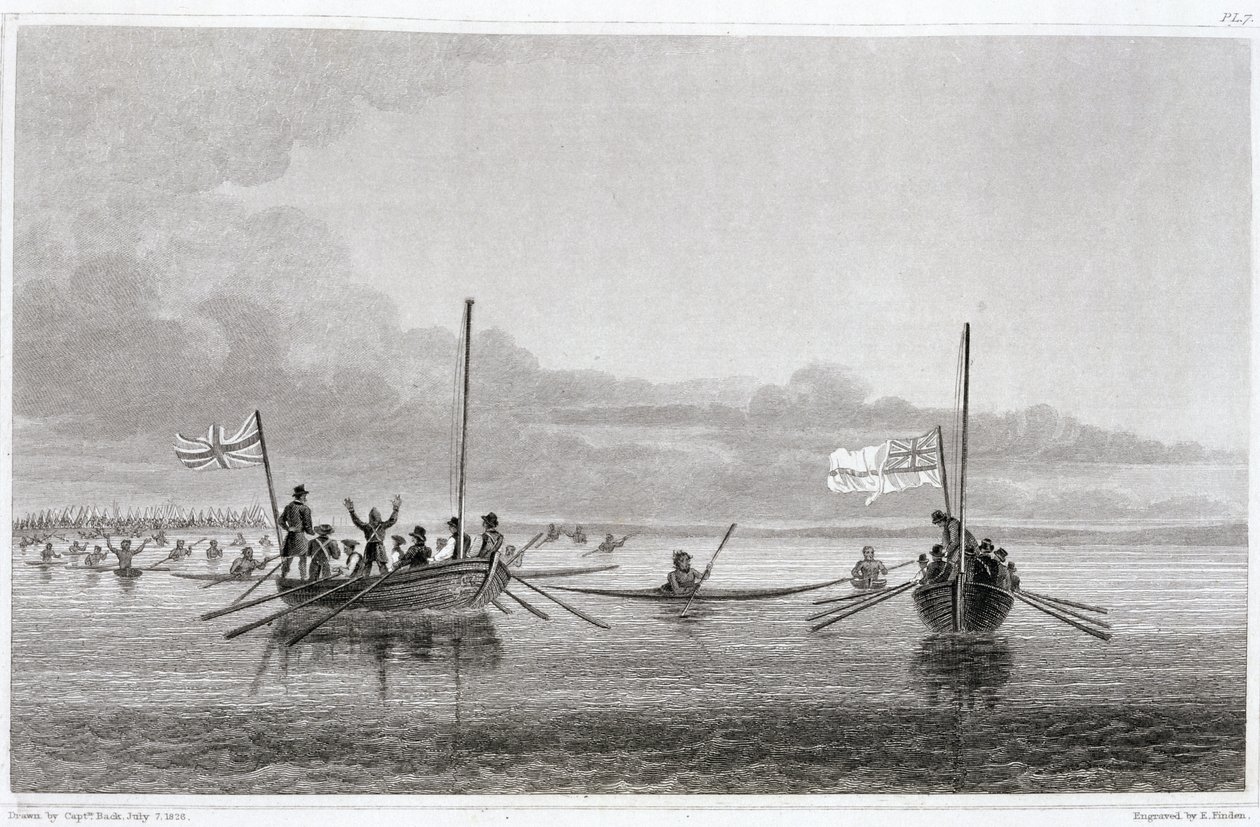 Eskimaux Coming Towards the Boats in Shoalwater Bay, 7. července 1826, z „Vyprávění o druhé výpravě na pobřeží Polárního moře v letech 1825-27“ od Sira Johna Franklina (1786-1847), vyryto od George Back