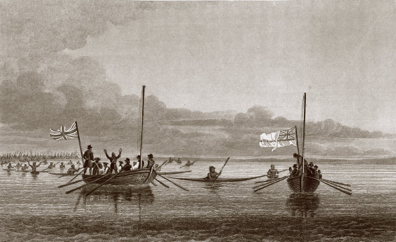 Eskimaux Coming Towards the Boats in Shoalwater Bay, 7. července 1826, z „Vyprávění o druhé výpravě na pobřeží Polárního moře v letech 1825-27“ od Sira Johna Franklina (1786-1847), vyryto od George Back