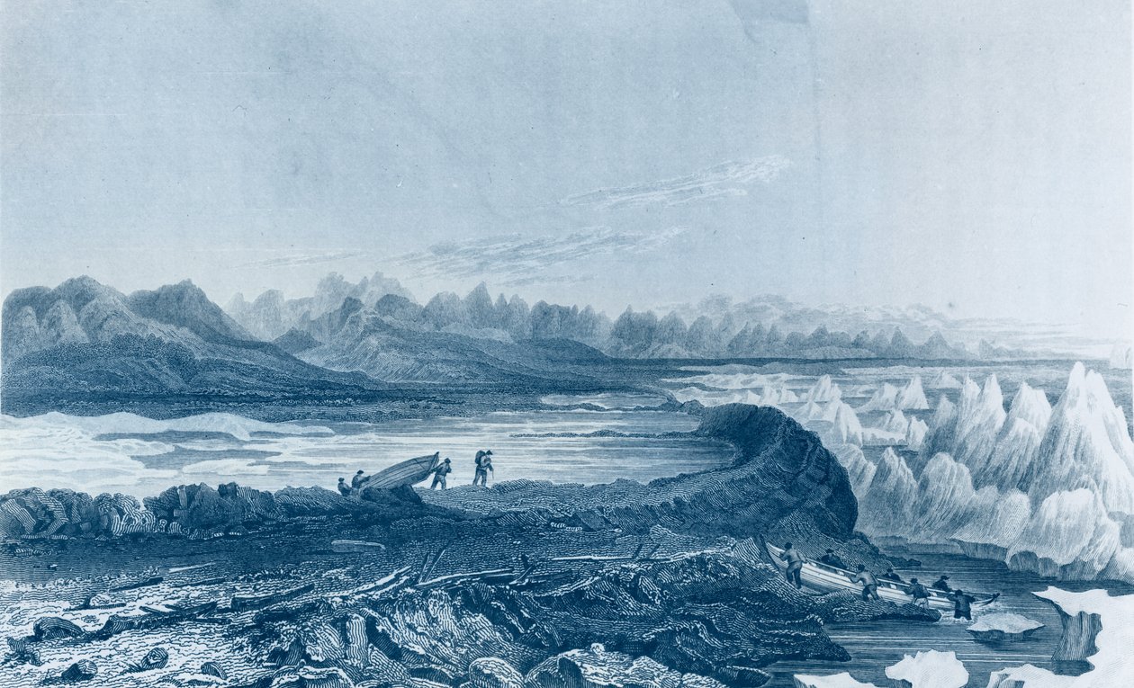 Spouštění člunů přes útes naproti Mount Conybeare, z „Příběhu o cestě k břehům Polárního moře v letech 1819-22“ od Sira Johna Franklina (1786-1847), vyryto Edwardem Findenem od George Back