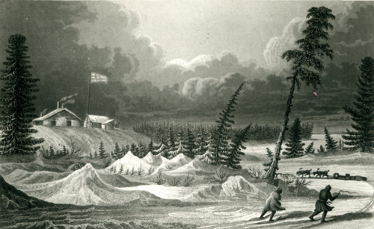 Zimní pohled na Fort Franklin, vyrytý Edward Francis Finden (1791-1857), květen 1828 od George Back
