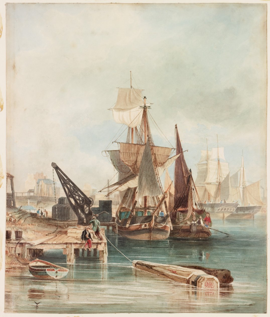 River Scene with Shipping (bodycolor a akvarel na papíře (nalepené na palubě)) od George Balmer