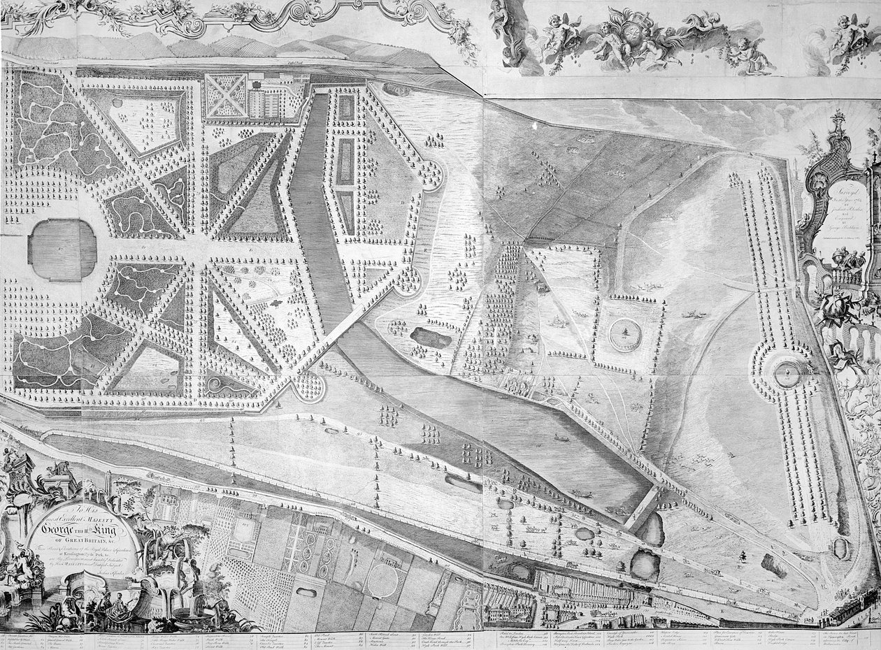 Detail (pravá strana) plánu Kensingtonského paláce od Joshua Rhodes, 1764 od George Bickham