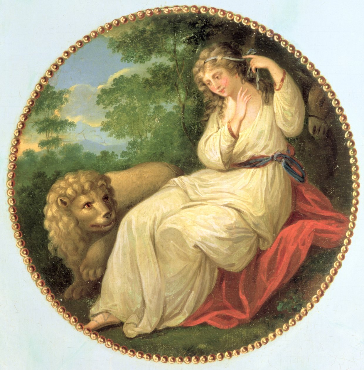 Una a lev, návrh převzatý z rytiny z roku 1783 od Thomase Burkeho (1749-1815) podle Angelice Kauffman (1741-1807) jeden ze tří ozdobných medailonů z komody George III, kolem roku 1790 (panel od George Brookshaw