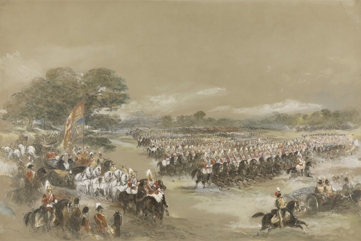 Královská recenze ve Windsoru, královna Viktorie a Khedive Ismail Pashe z Egypta, 26. června 1868 (wc, kvaš a černá křída) od George Bryant Campion