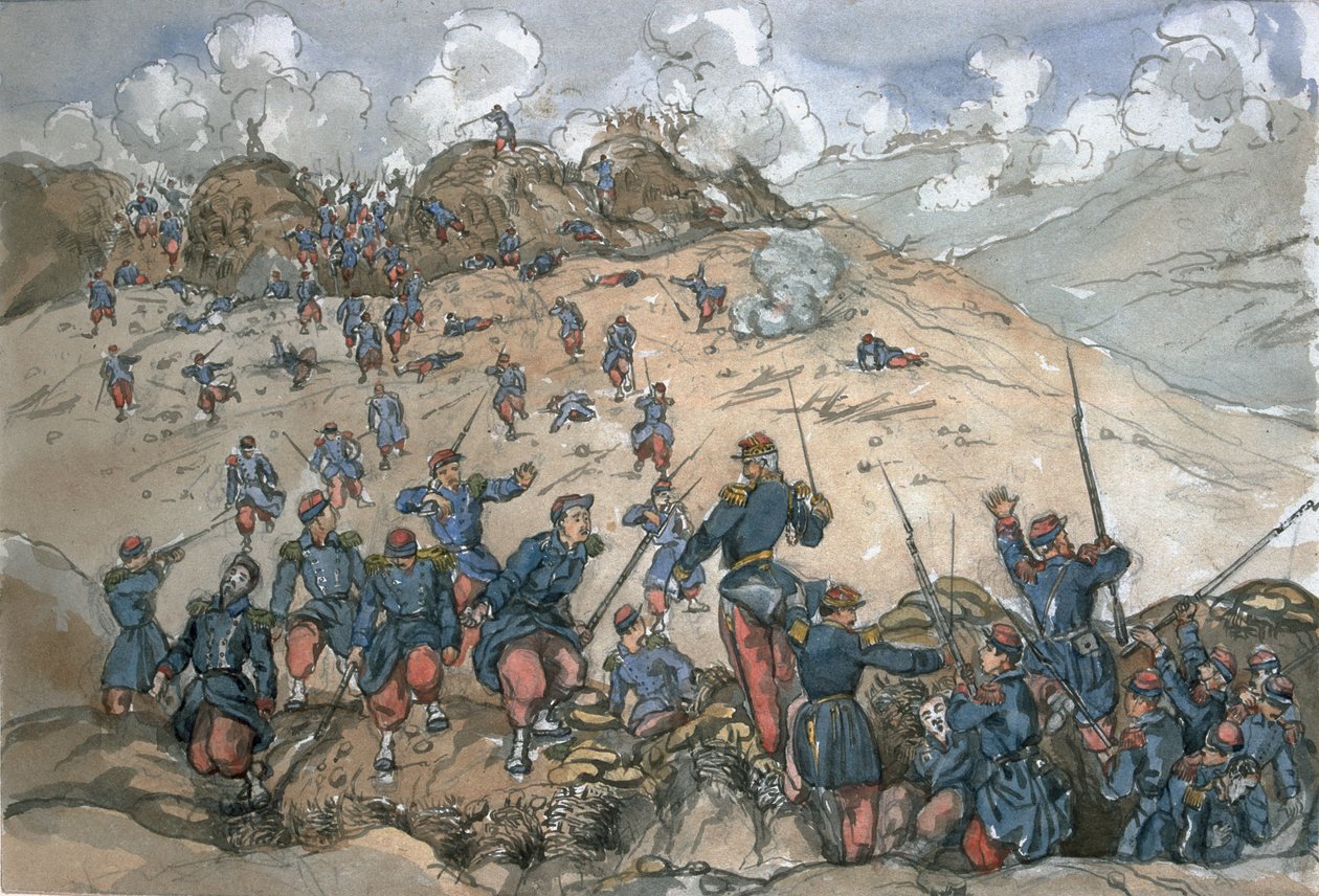 Útok na Bastion Central francouzskými jednotkami pod velením generála Desallese během obléhání Sebastopolu, z alba obrazů a náčrtů známých jako ‚Cadogan