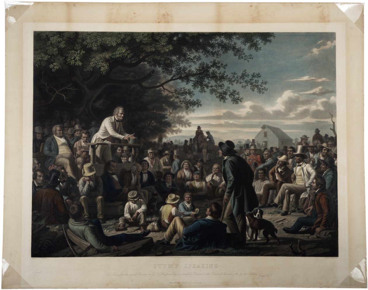 Stump Speaking, 1856 (ručně kolorovaná mezzotinta) od George Caleb Bingham