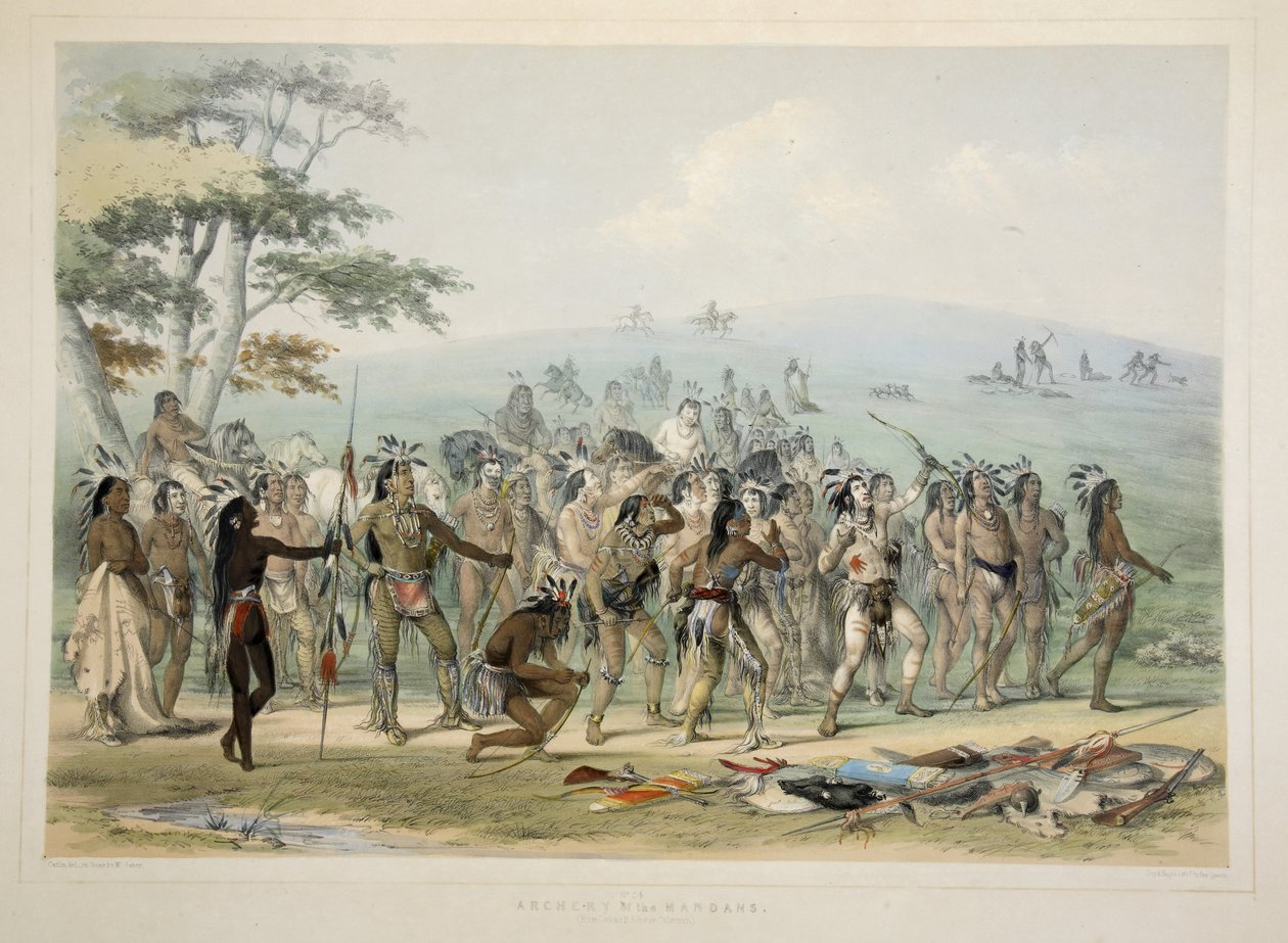 Lukostřelba Mandanů, od Catlins North American Indian Portfolio. Lovecké scény a atrakce Skalistých hor a prérií Ameriky, hospoda. 1845 od George Catlin