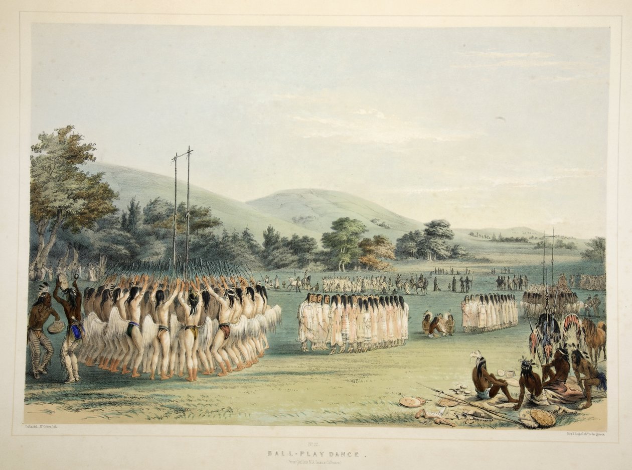 Ball-Player Dance, od Catlins North American Indian Portfolio. Lovecké scény a atrakce Skalistých hor a prérií Ameriky, hospoda. 1845 od George Catlin