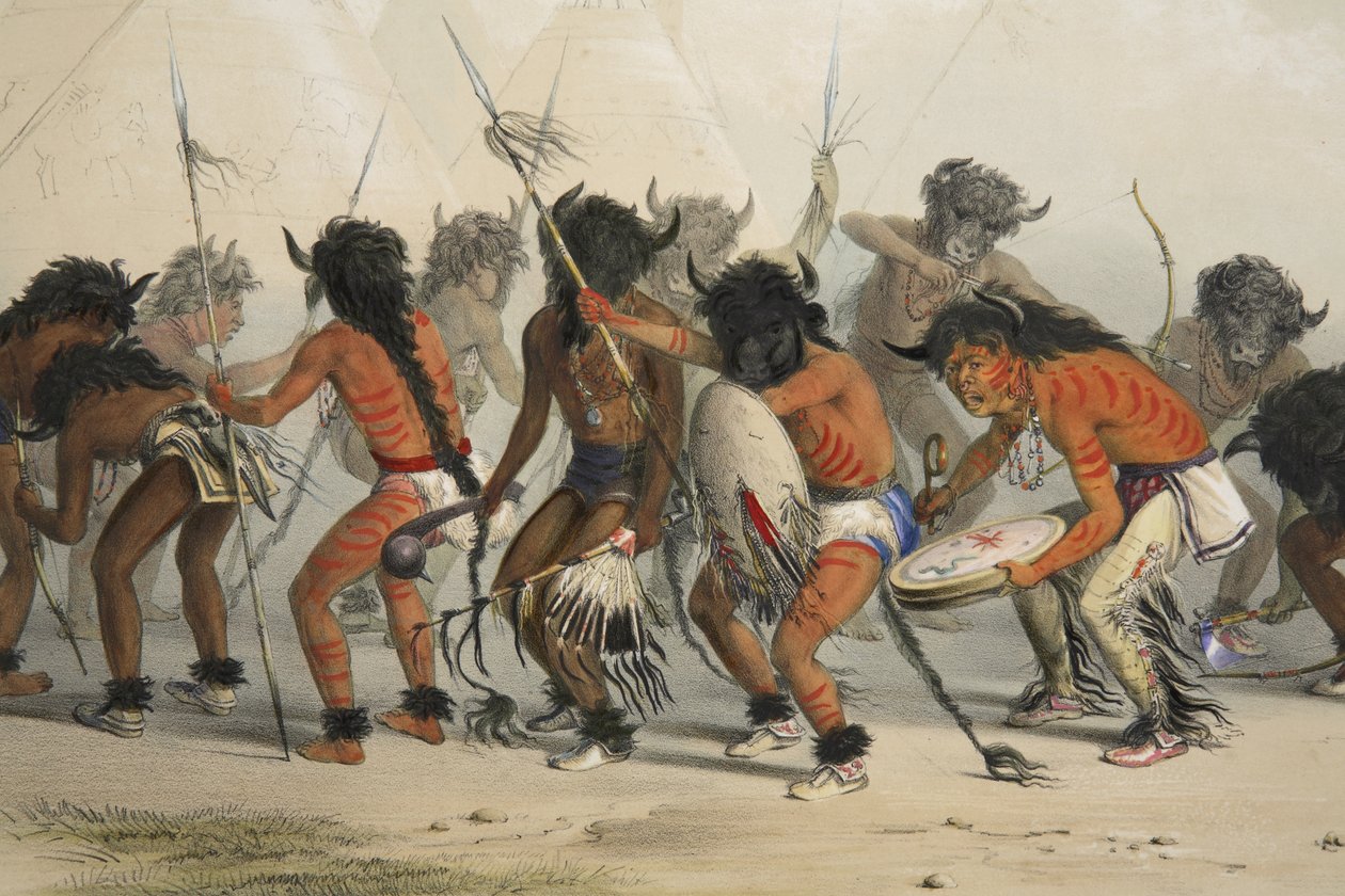 Buffalo Dance (detail) od Catlins North American Indian Portfolio. Lovecké scény a atrakce Skalistých hor a prérií Ameriky, hospoda. 1845 od George Catlin