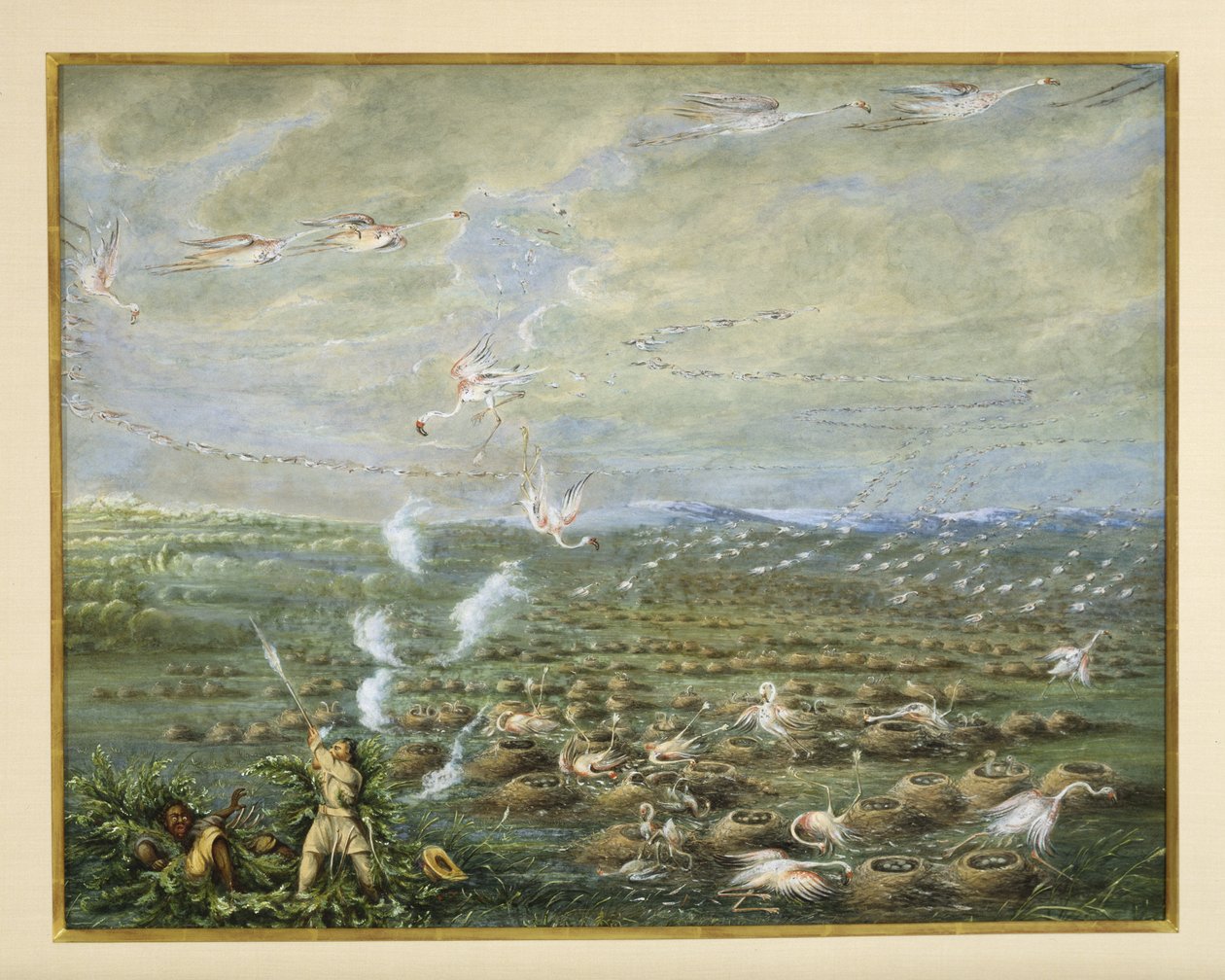 Střelba plameňáků v Jižní Americe, 1856 (kvaš a wc na kartonu) od George Catlin