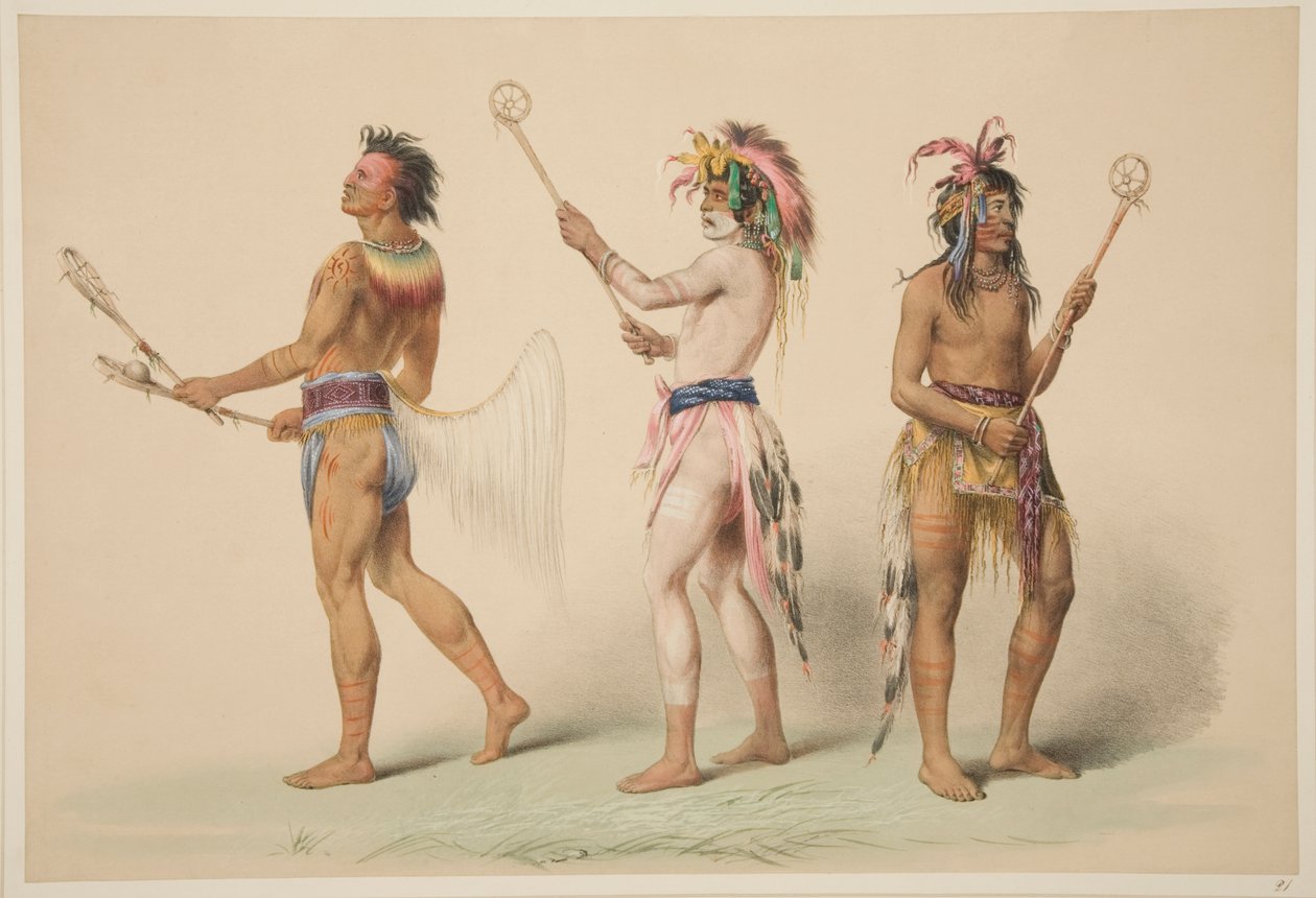 Ilustrace hráčů lakrosu, z Ilustrace způsobů, zvyků a podmínek severoamerických indiánů, Londýn, 1845 (ručně kolorovaná rytina) od George Catlin
