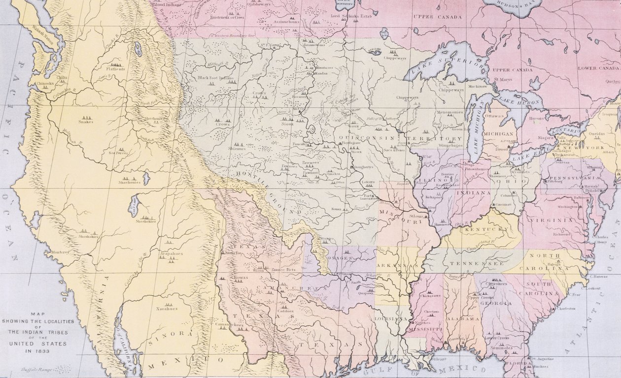 Mapa znázorňující lokality indiánských kmenů v USA v roce 1833, ilustrace z 