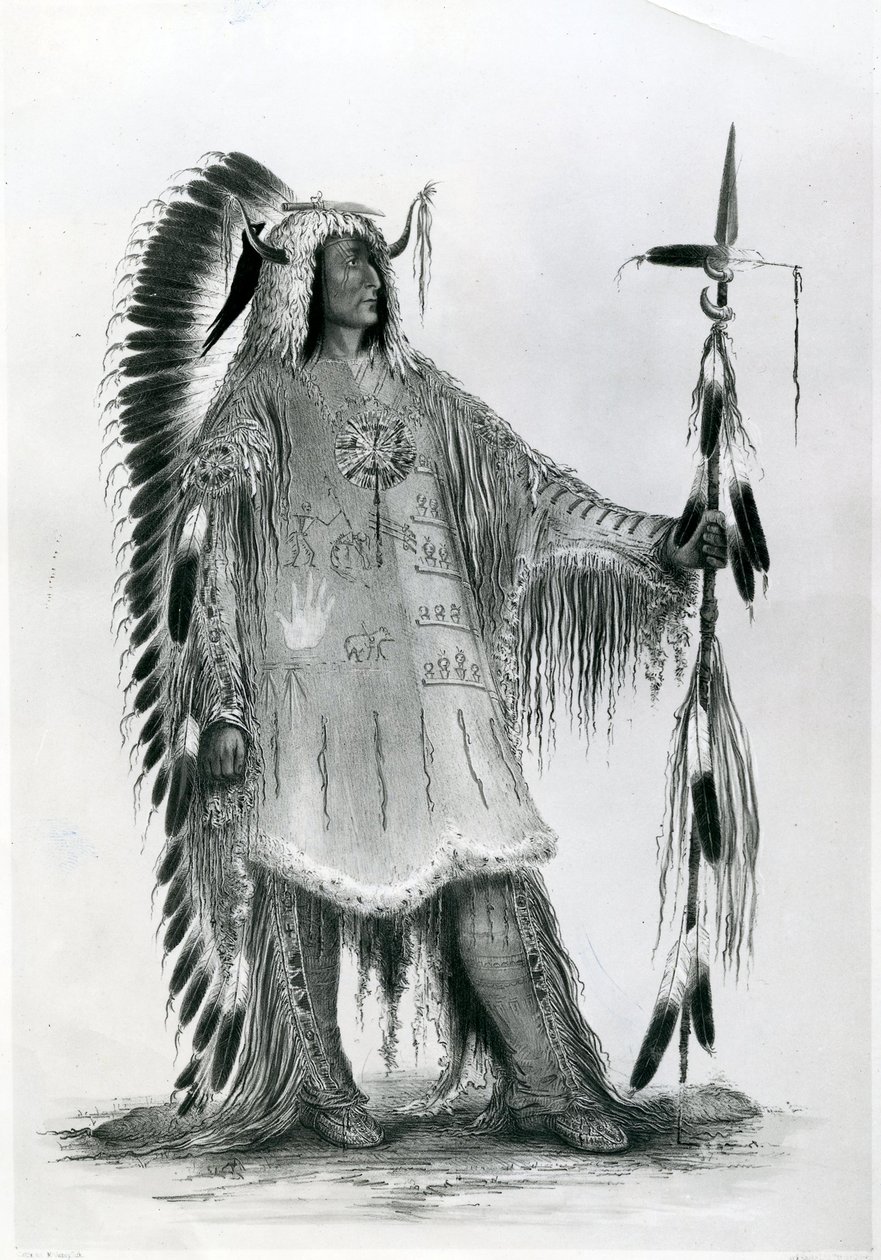 Mato-Tope, druhý náčelník lidu Mandan, kolem roku 1833 (bw litho) od George Catlin