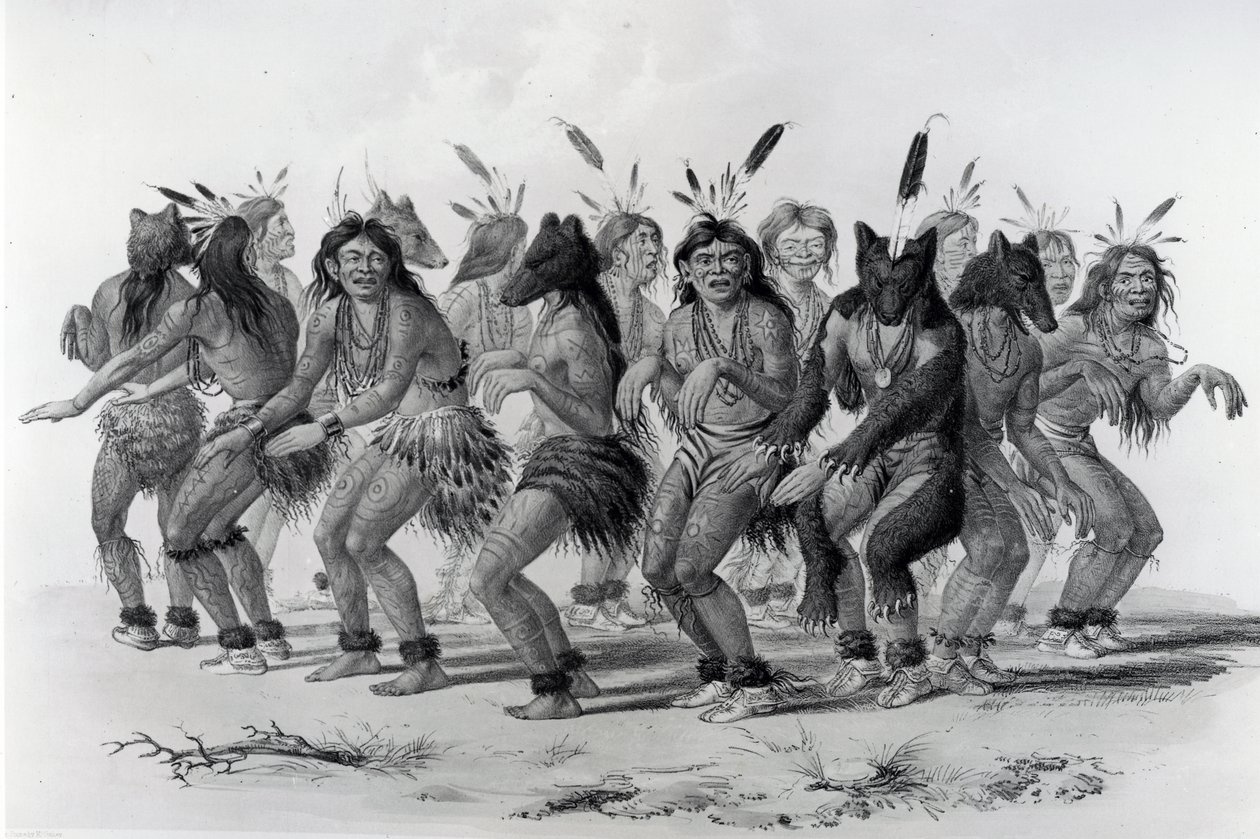 Indiánský medvědí tanec, vyrytý Johnem McGaheyem od George Catlin