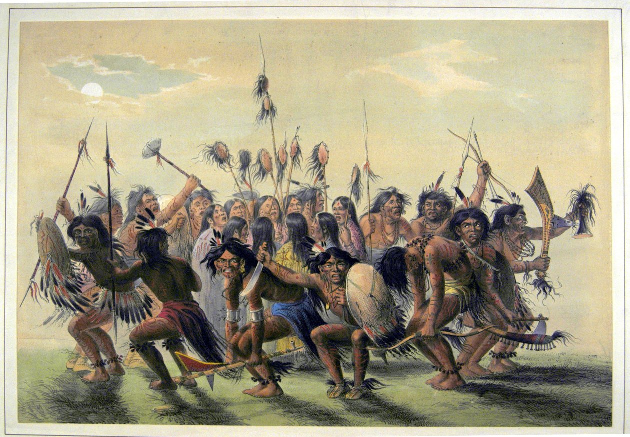 Domorodí Američané předvádějící kmenový skupinový tanec od George Catlin