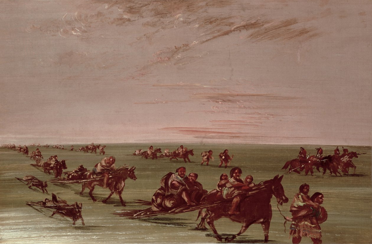 Rudí indiáni používající Travois od George Catlin