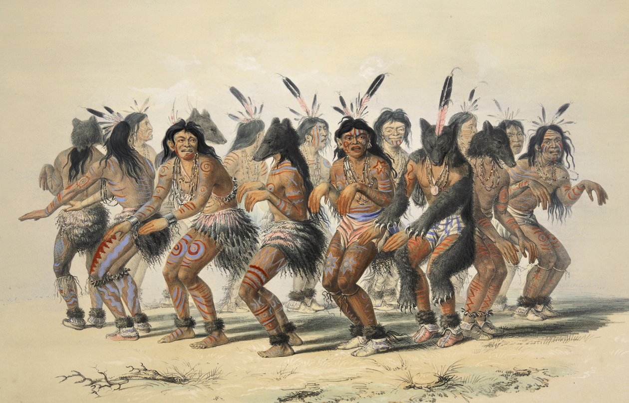 Medvědí tanec (detail), od Catlins North American Indian Portfolio. Lovecké scény a atrakce Skalistých hor a prérií Ameriky, hospoda. 1845 od George Catlin