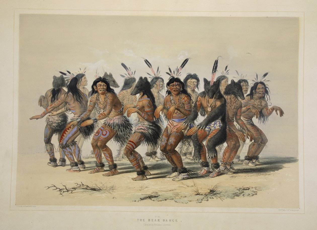 Medvědí tanec z portfolia severoamerických indiánů Catlins. Hunting Scenes and Amusements of the Rocky Mountains and Prairies of America, vyd. 1845 od George Catlin