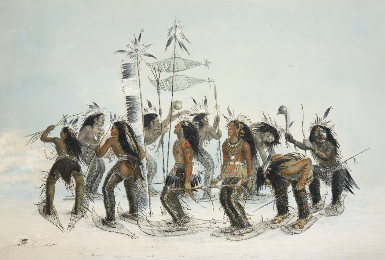 Tanec na sněžnicích, od Catlins North American Indian Portfolio. Lovecké scény a atrakce Skalistých hor a prérií Ameriky, hospoda. 1845 od George Catlin