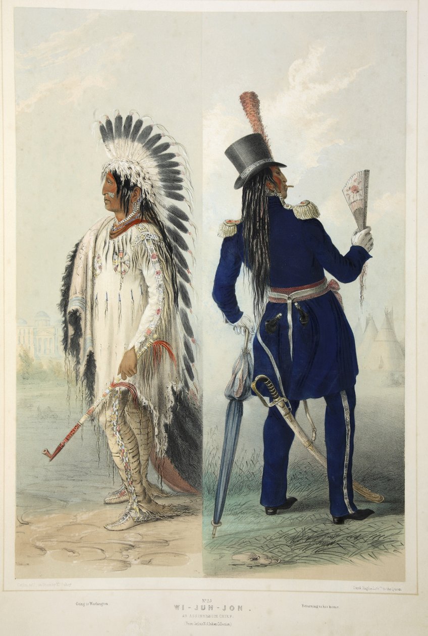Wi-Jun-Jon, Assinneboin Chief, z Catlins North American Indian Portfolio. Lovecké scény a atrakce Skalistých hor a prérií Ameriky, hospoda. 1845 od George Catlin