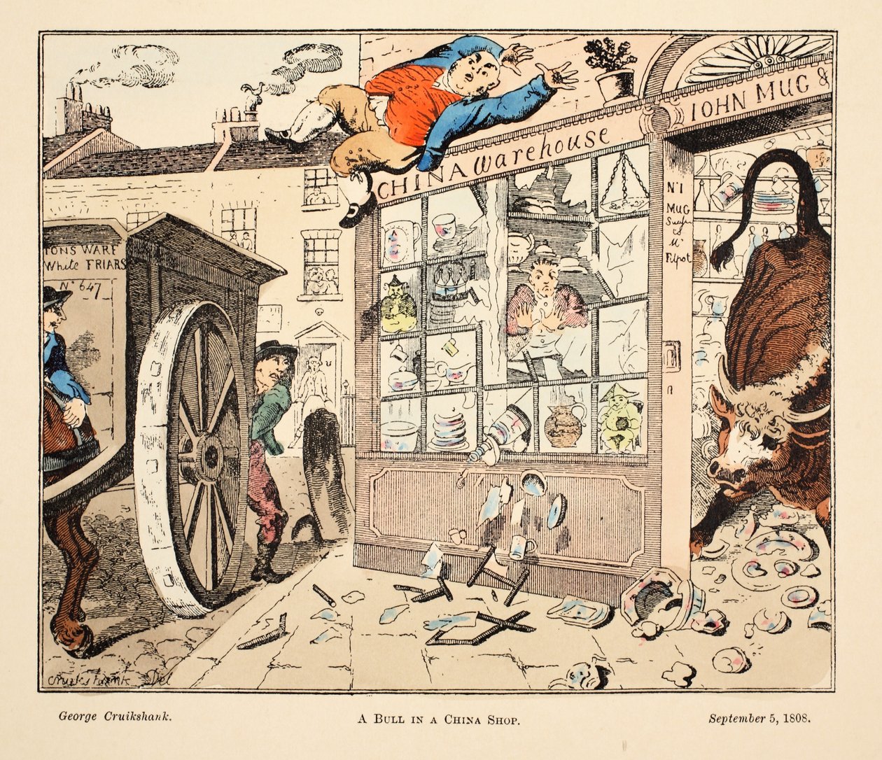 Býk v čínském obchodě, hospoda. 1808 (ručně kolorovaná rytina) od George Cruikshank
