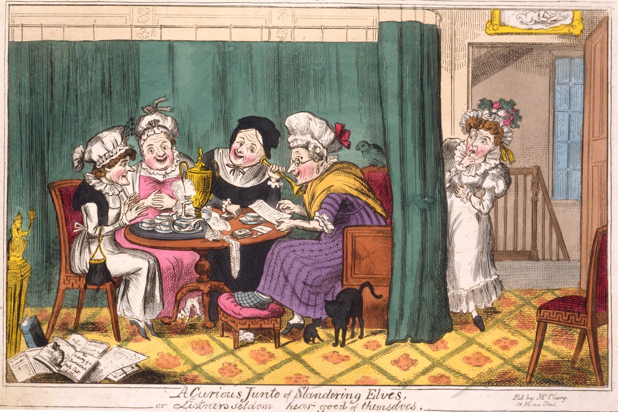 Podivná sešlost pomlouvačných skřítků aneb Posluchači o sobě málokdy slyší dobře, 1817 (ručně kolorovaná rytina) od George Cruikshank
